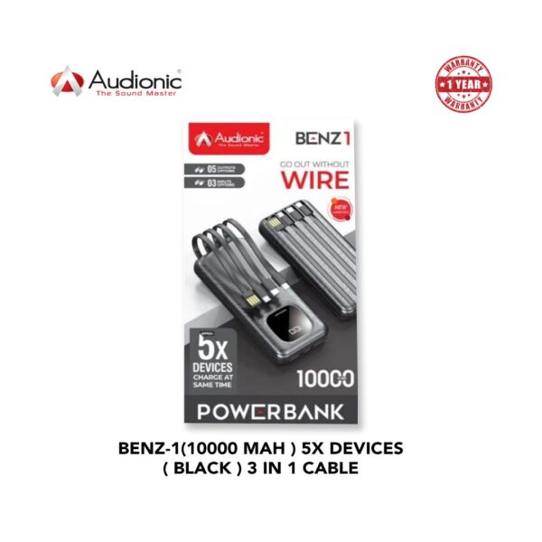 Audionic Benz-1(10000 Mah ) 5x Devices ( Black ) 3 In 1 Cable, 1 Unit